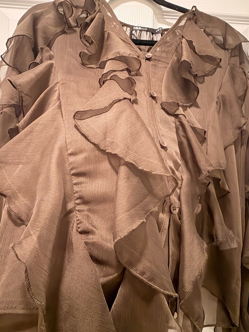 Ina Sheer Ruffle-Front Button Blouse - Brown - Picture 3 of 5